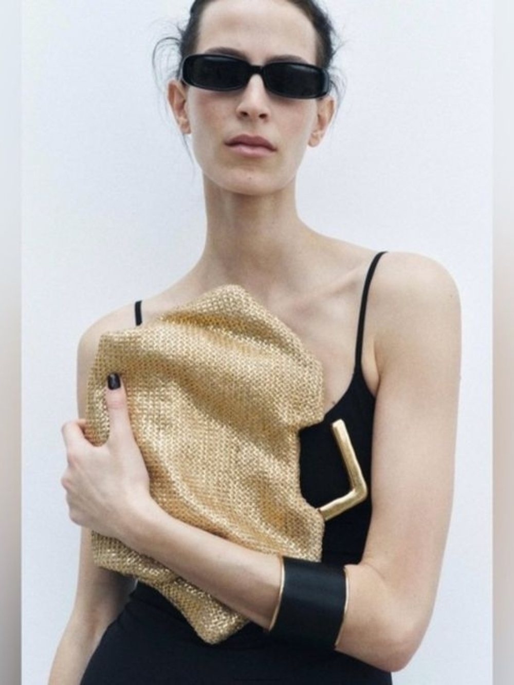 Zara Gold Woven Metallic Clutch with Gold Handle